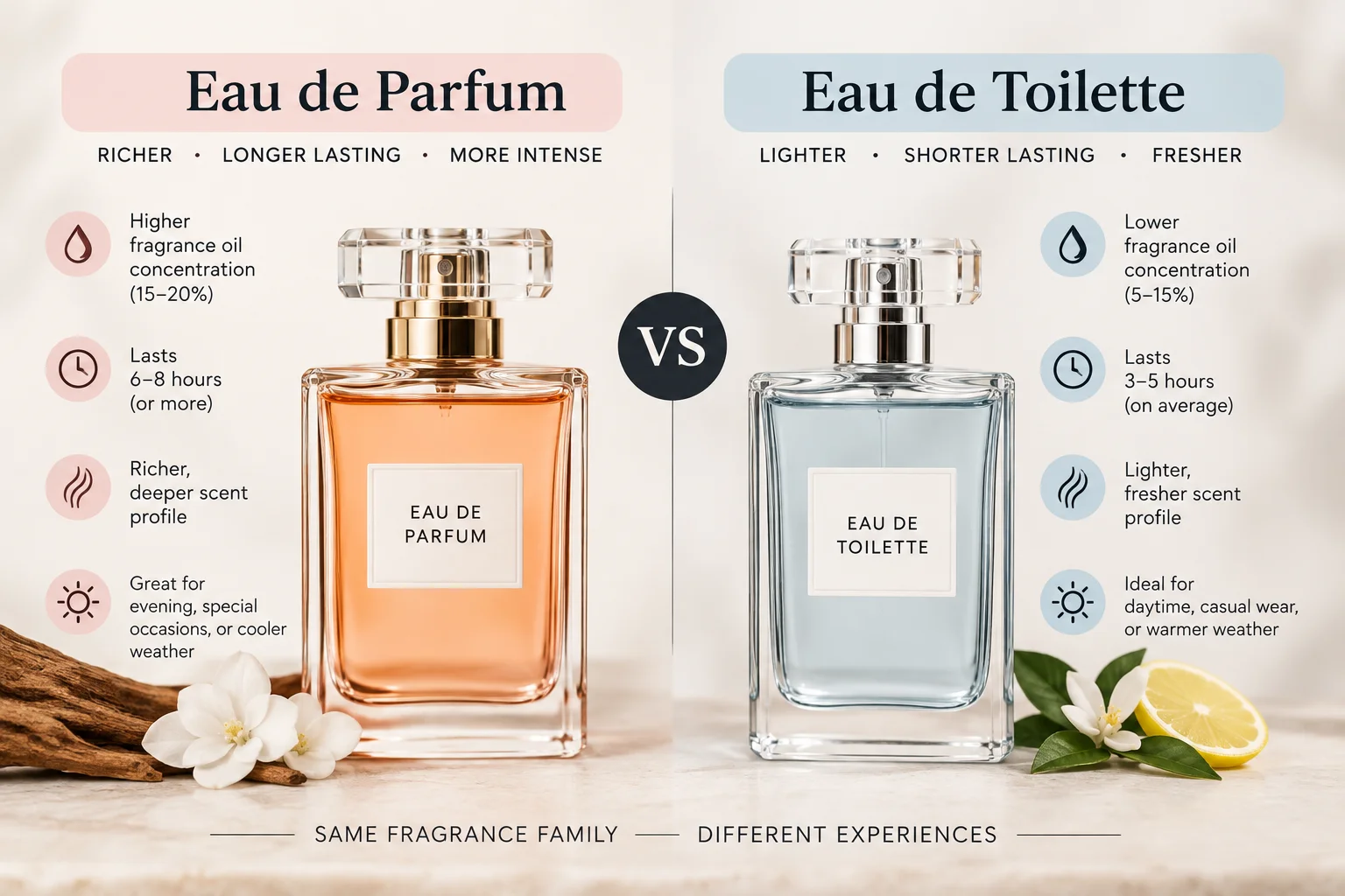 Eau de Parfum vs Eau de Toilette fragrance comparison.