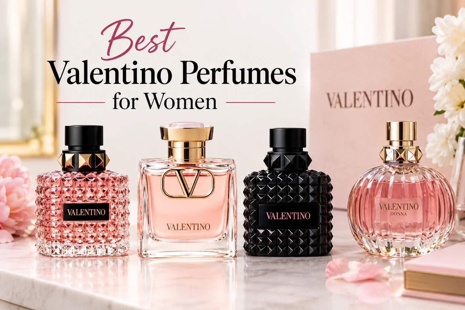 Best Valentino perfumes for women featuring elegant pink and black fragrance bottles.